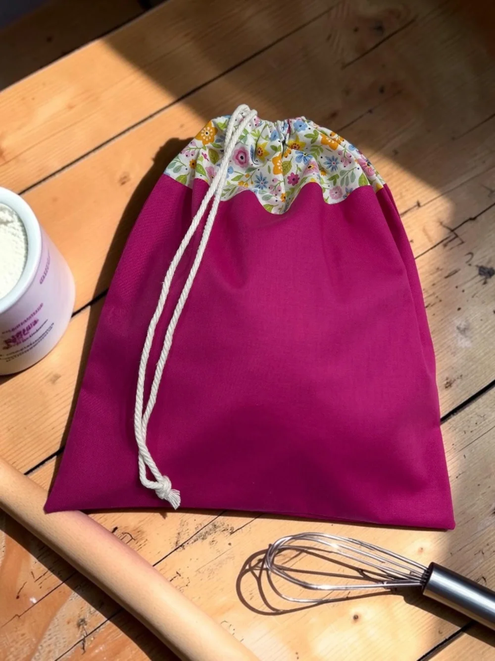 Organic Pink Floral Bread Bag, Reusable Sourdough Cotton Bread Storage Bag